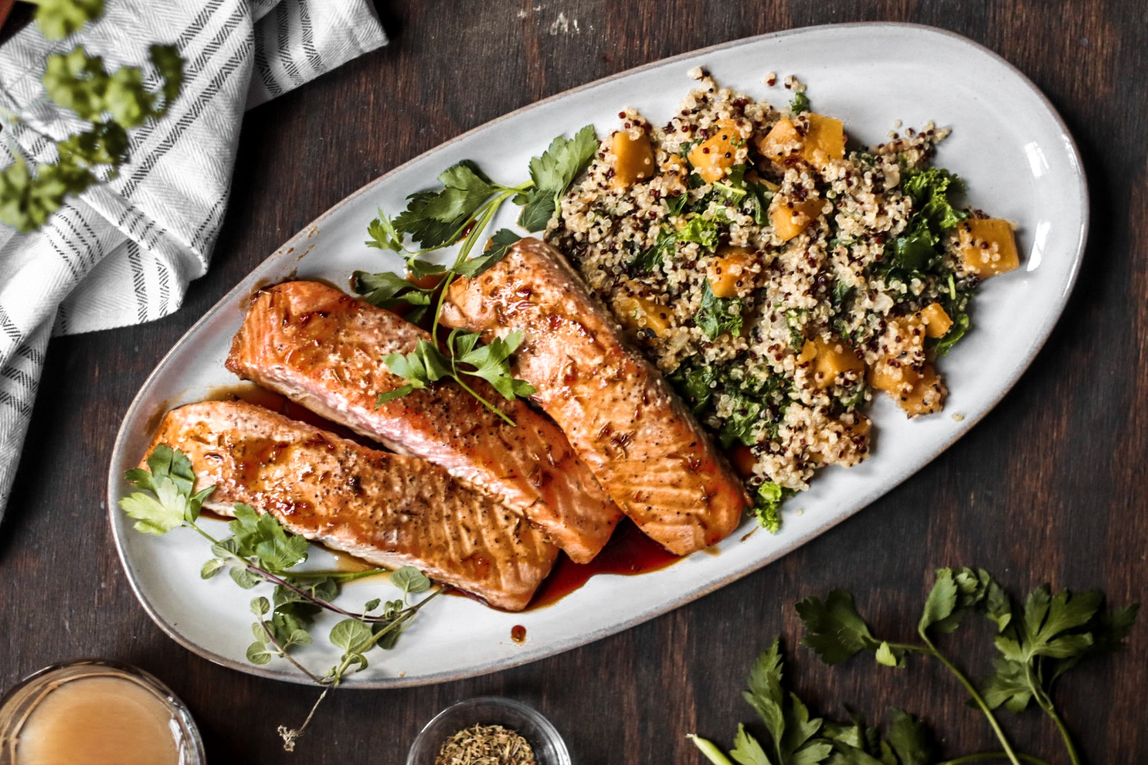 apple cider glazed baked salmon with butternut squash quinoa pilaf