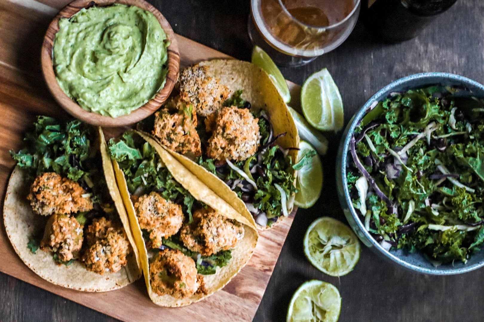 beer battered broccoli tacos with black bean slaw and jalapeno cilantro ranch