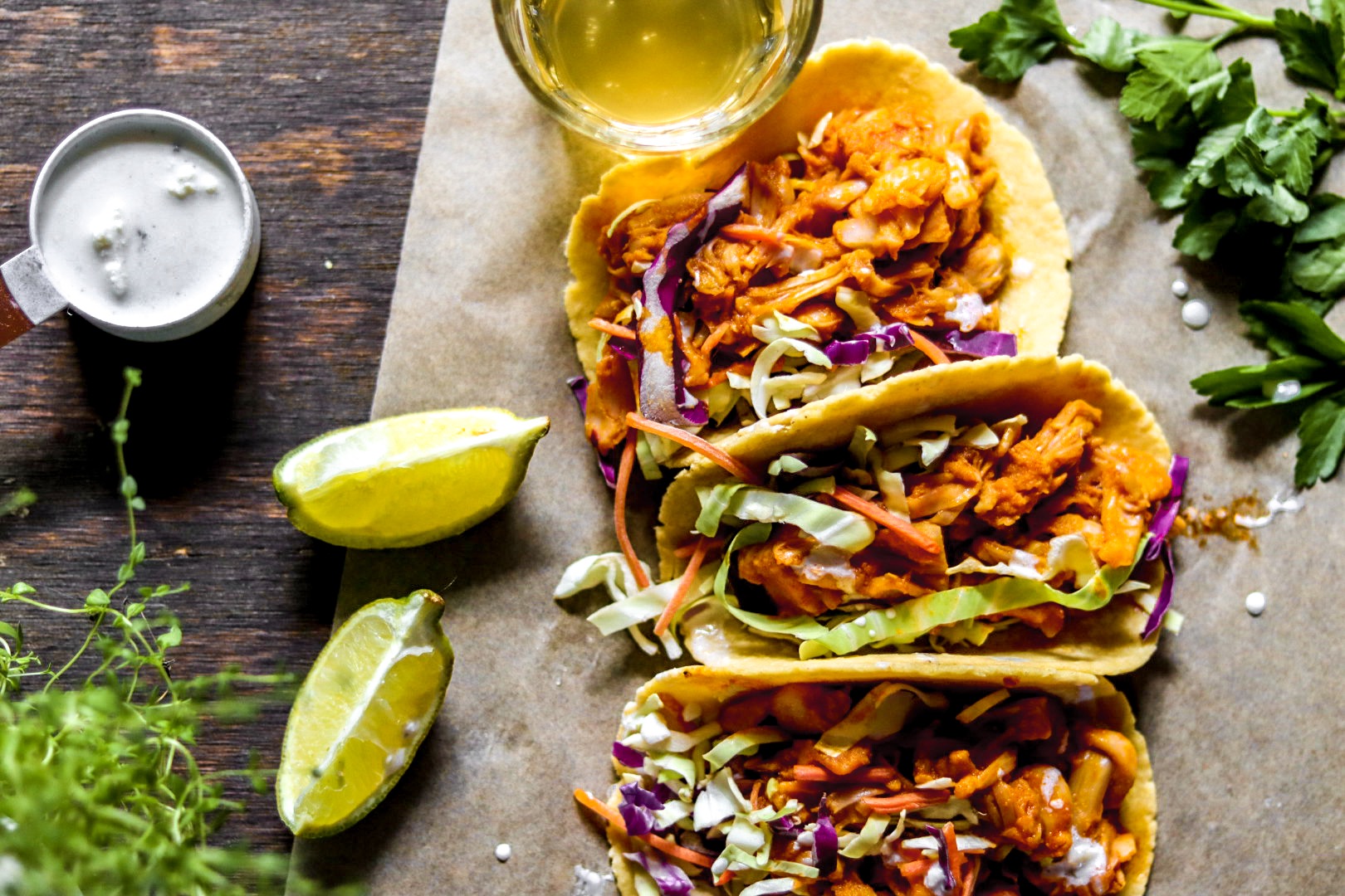 buffalo jackfruit tacos with bleu cheese dressing