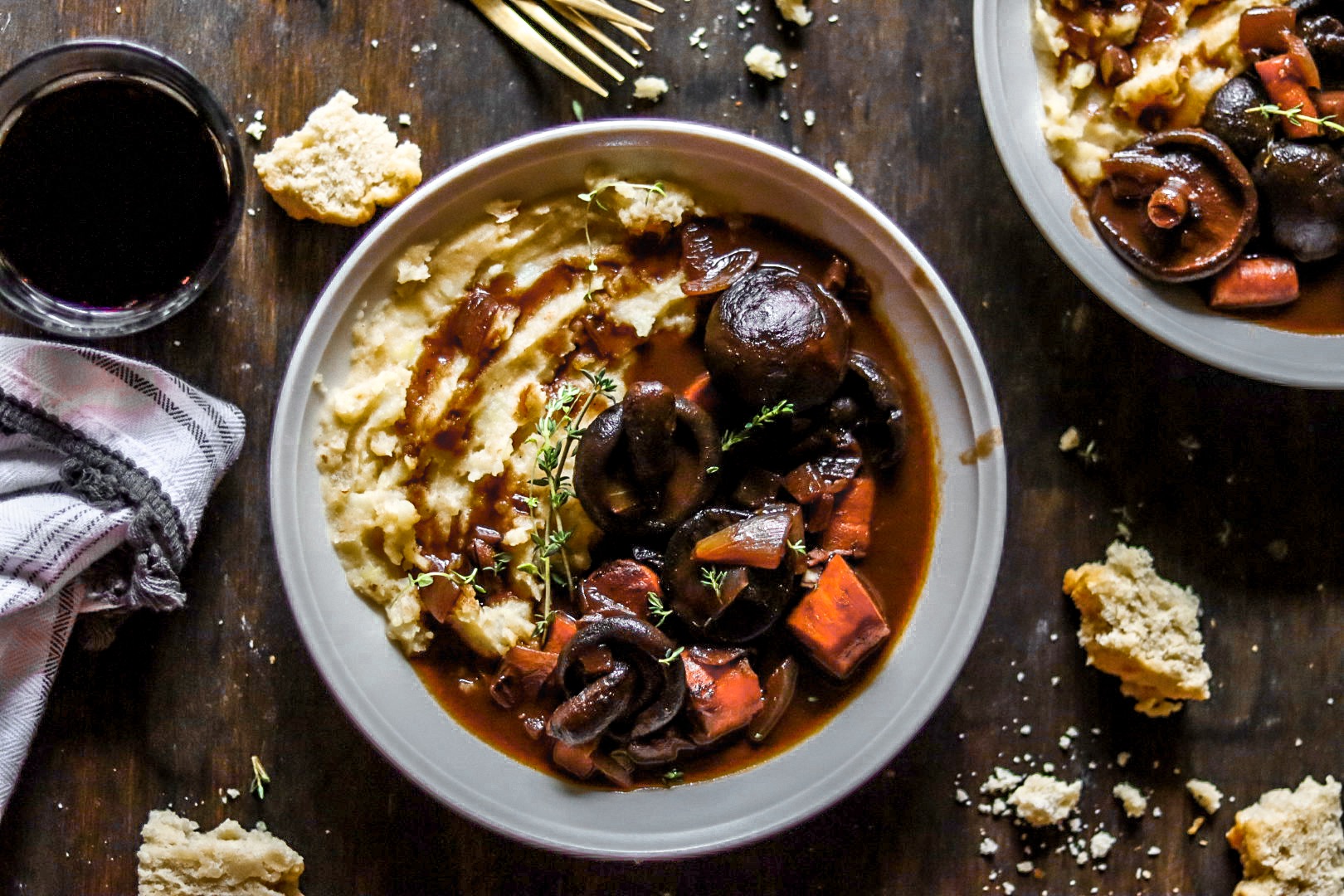 herb champignon au vin and brown butter garlic mashed potatoes