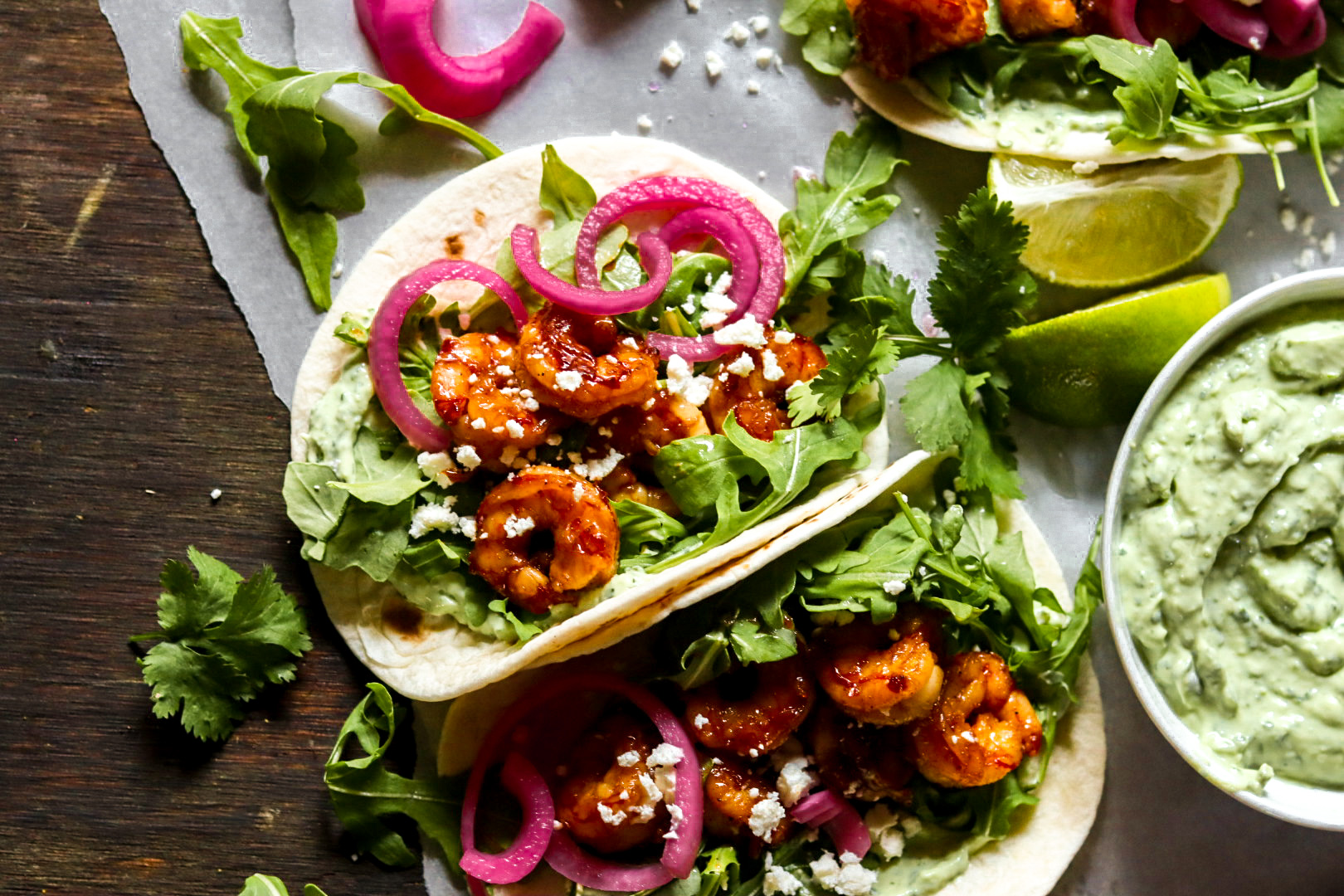 hot honey lime shrimp tacos with cilantro yogurt sauce