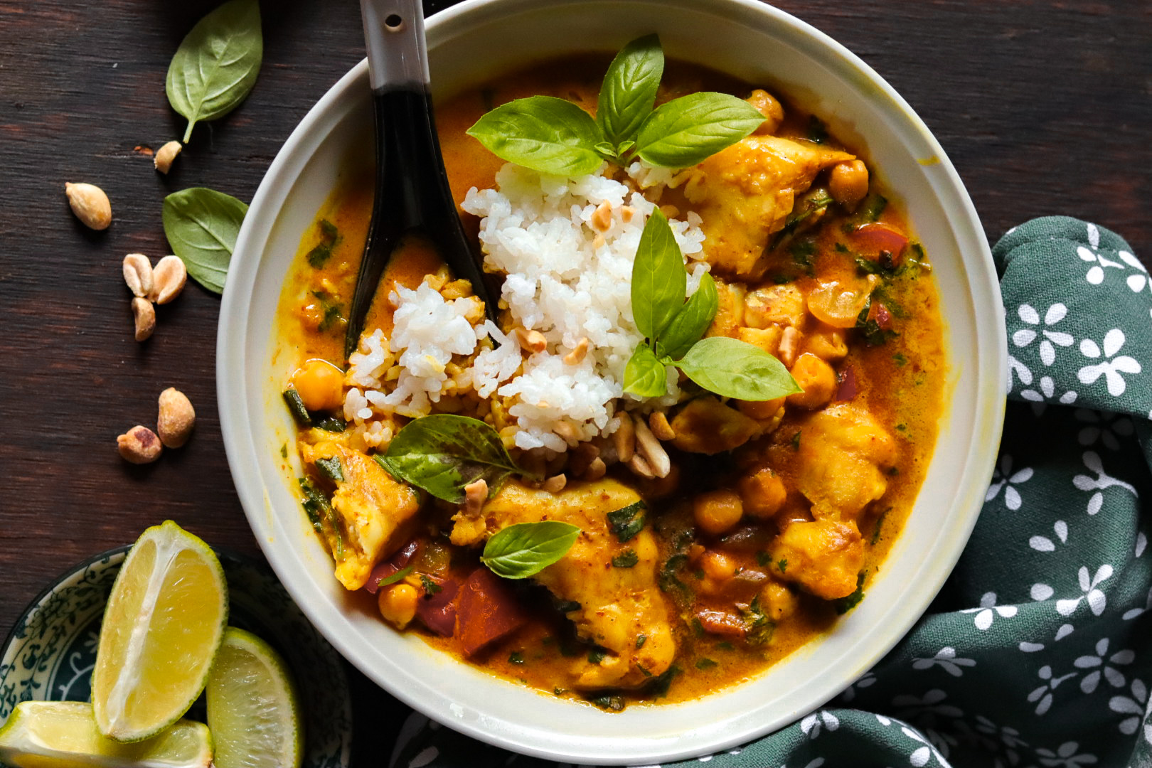 thai basil peanut braised fish and chickpeas
