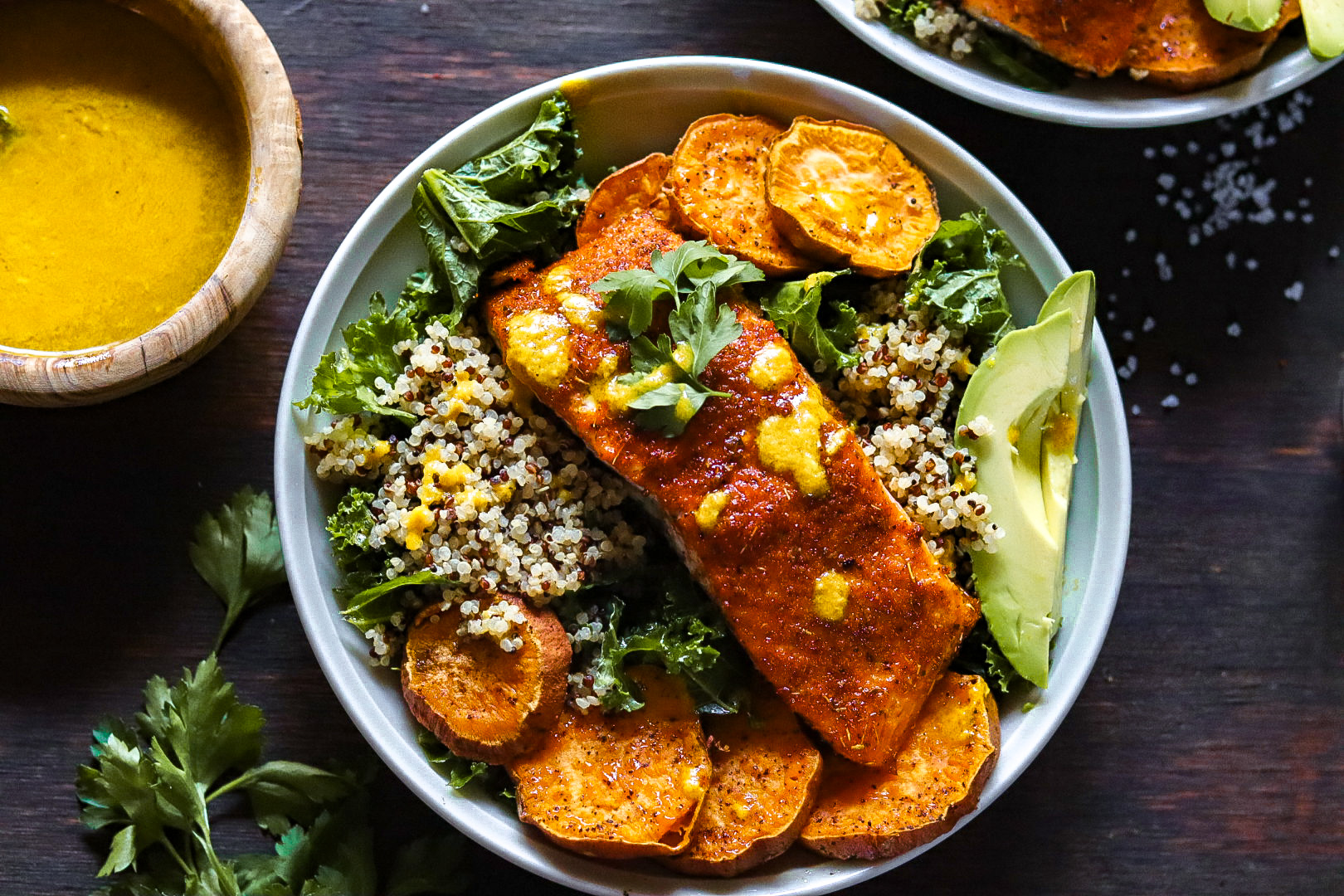 sheet pan blackened salmon and quinoa glow bowls