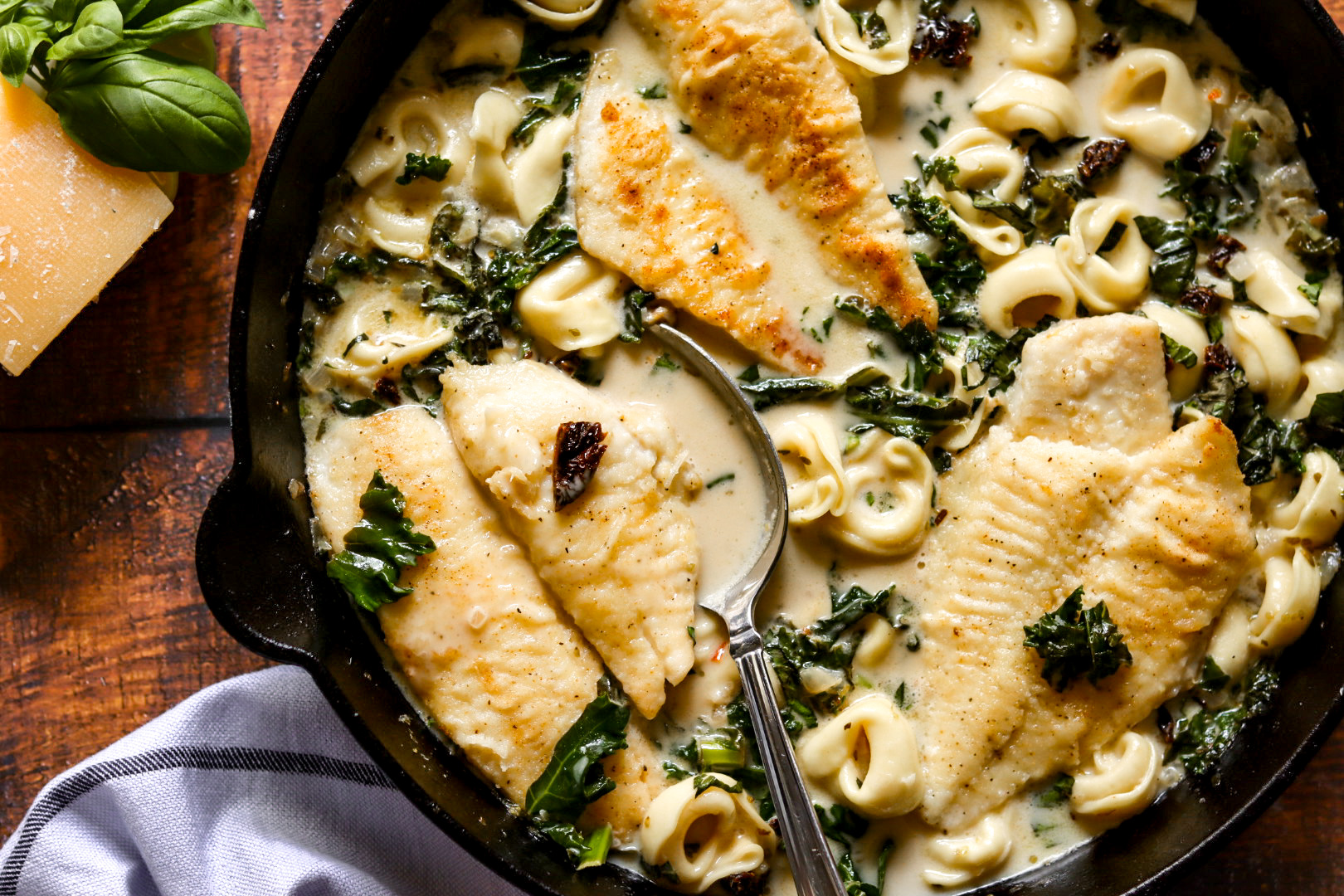 30 minute creamy sundried tomato basil fish and tortellini