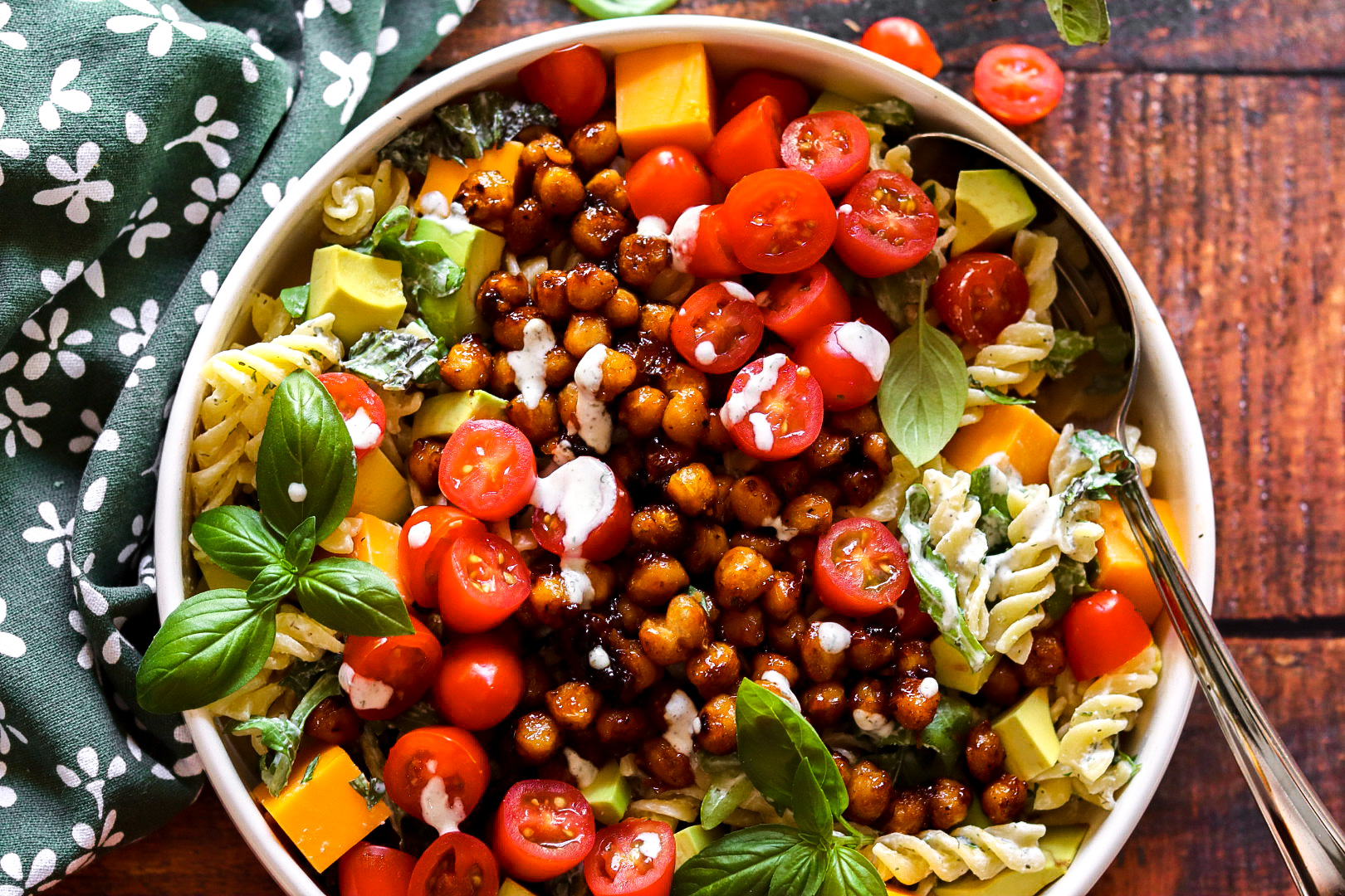 bbq chickpea cheddar ranch pasta salad