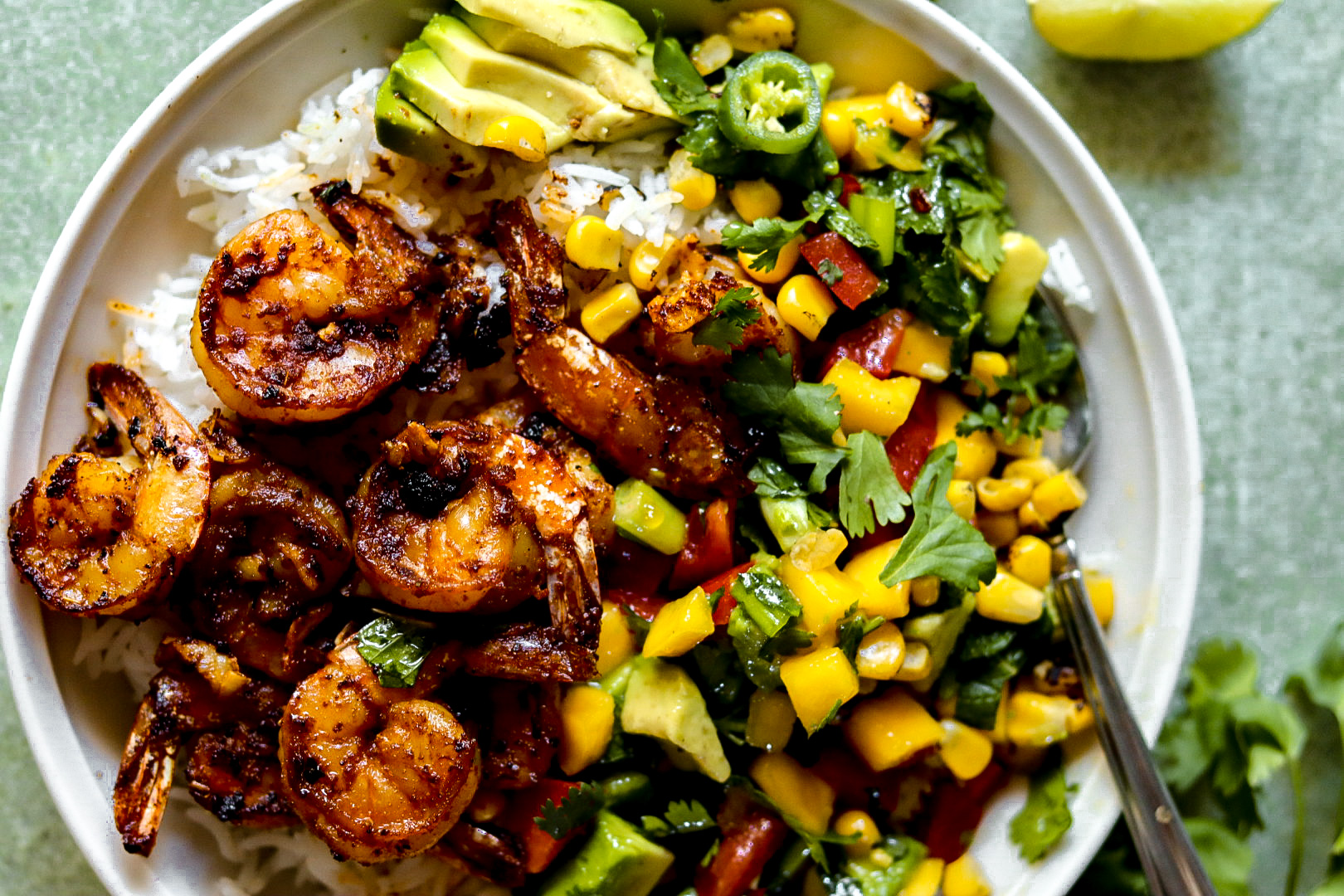 chipotle shrimp avocado and mango rice bowls