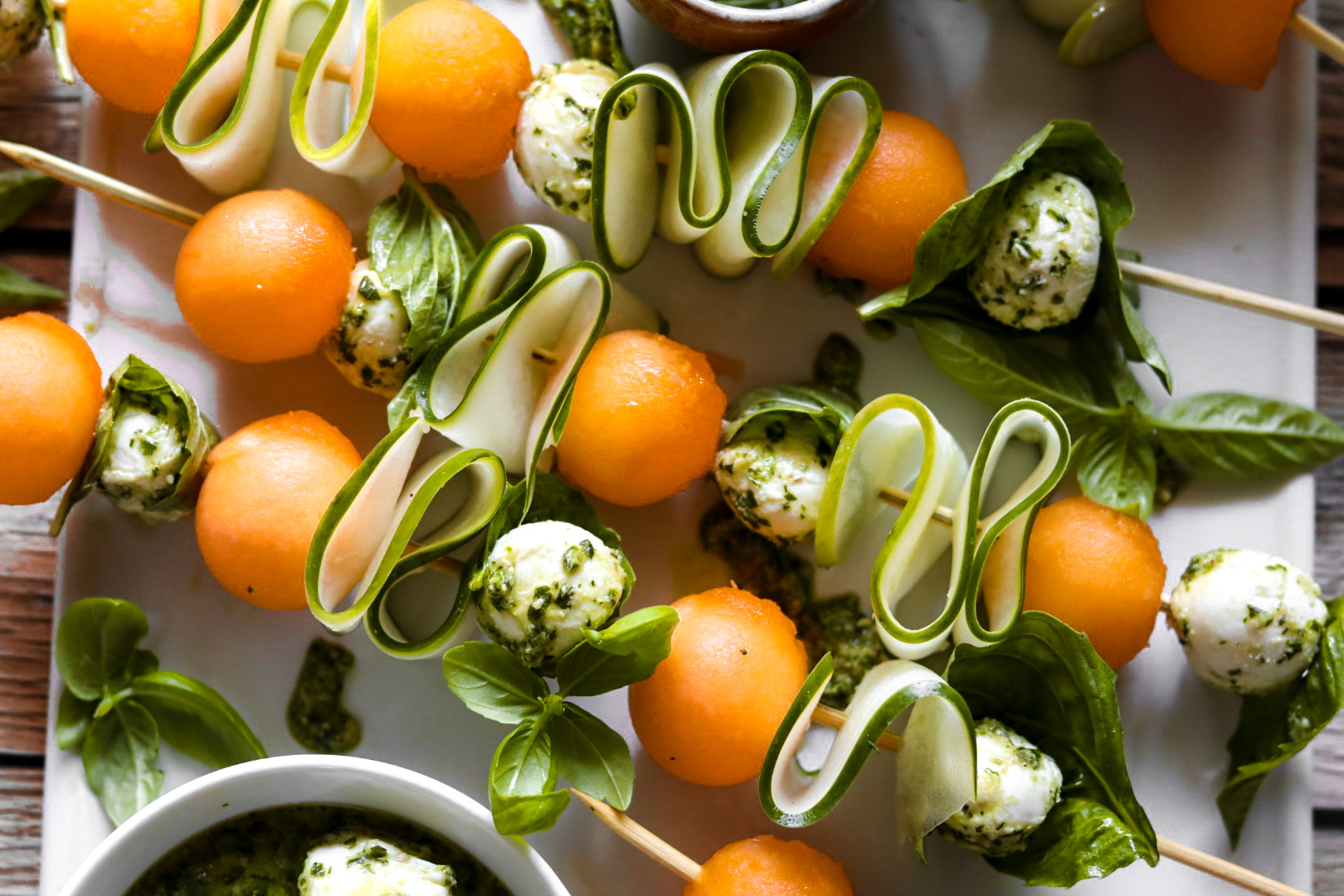melon cucumber pesto skewers