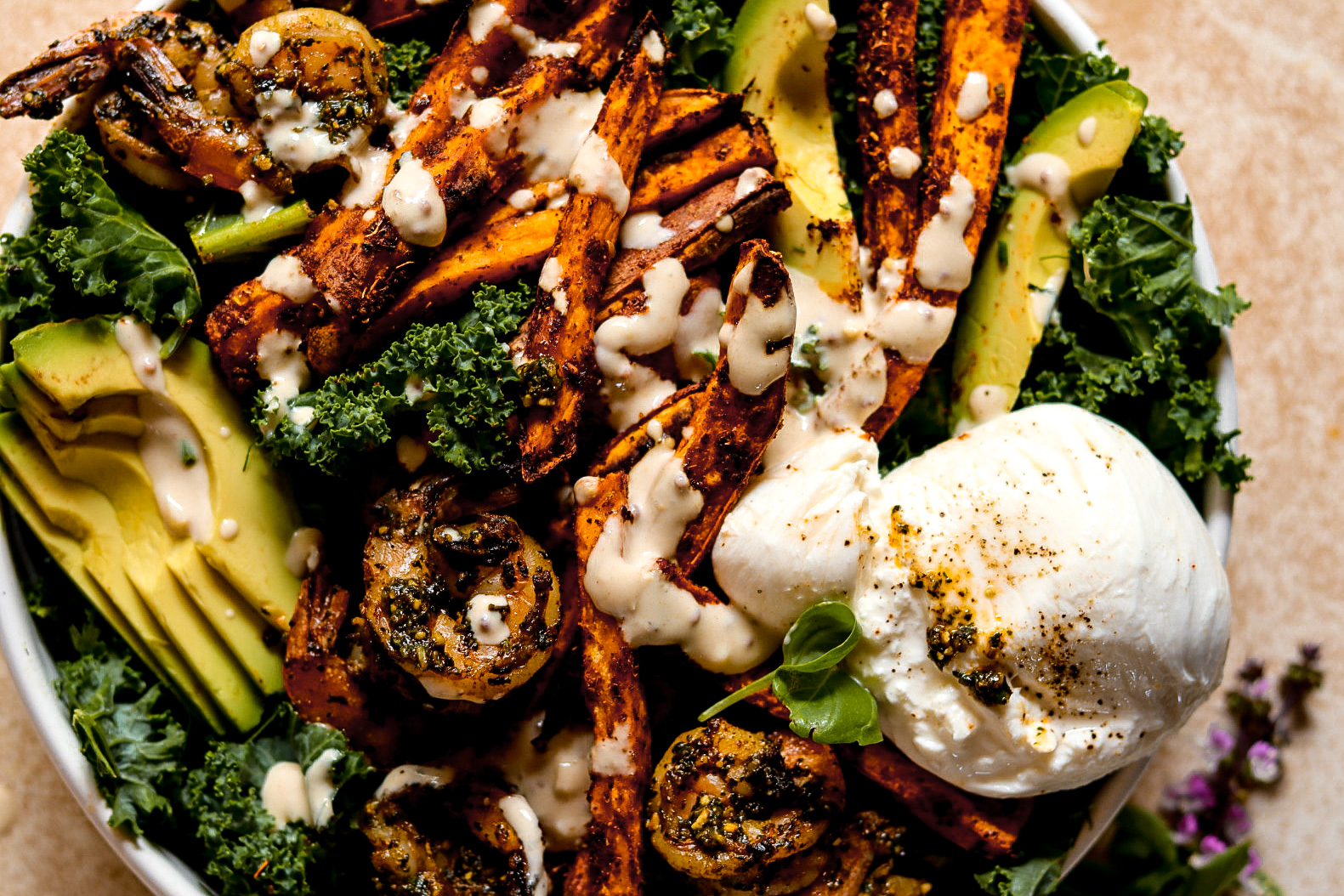 pesto shrimp and sweet potato burrata salad