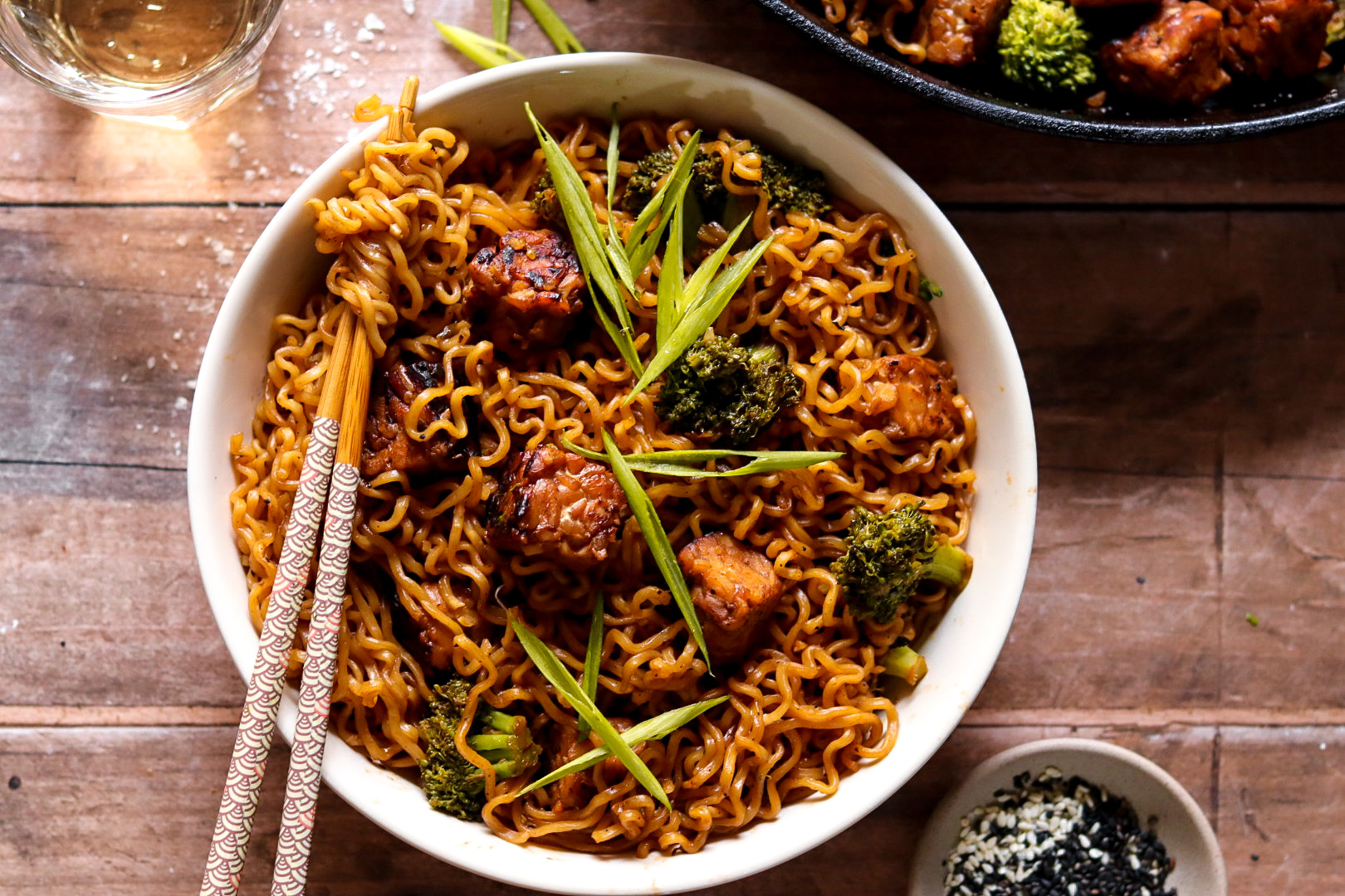honey ginger tempeh and broccoli noodles