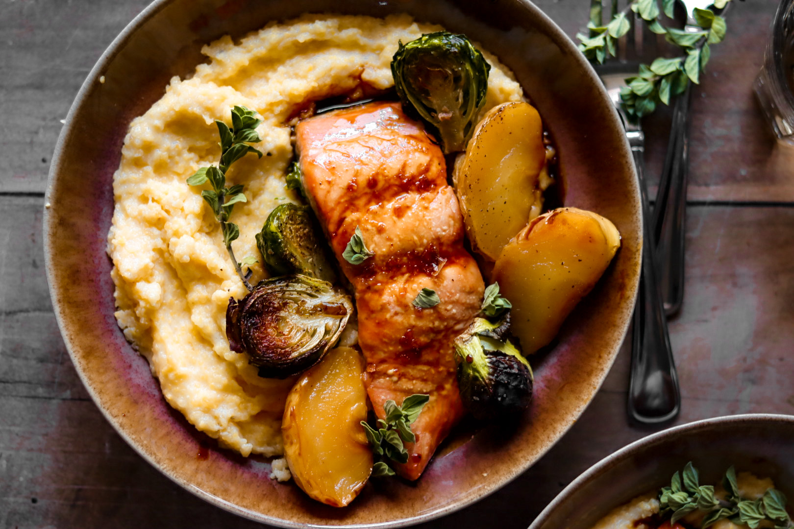 maple cider glazed salmon with honey butter polenta