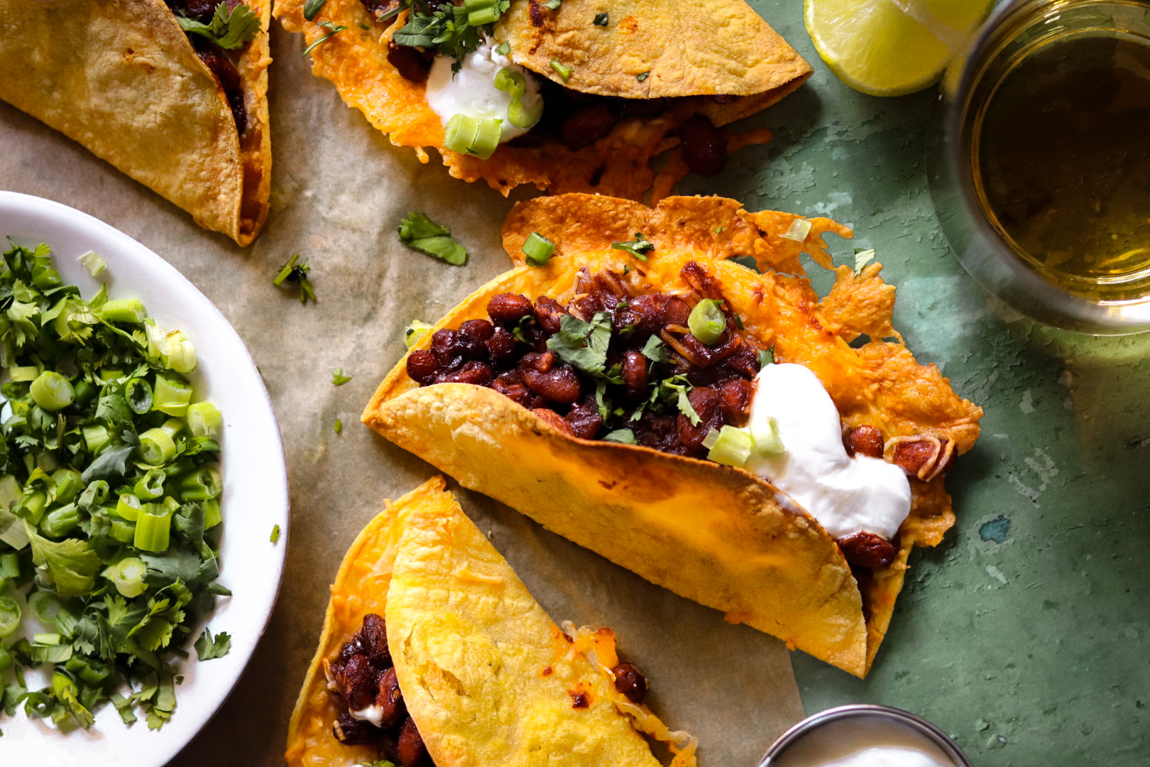 crispy chipotle bbq pinto bean tacos