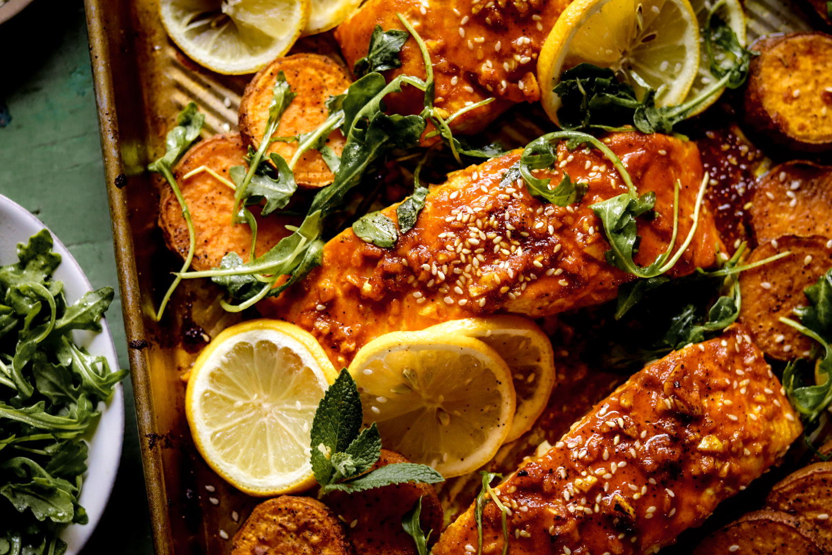 sheet pan shawarma salmon and sweet potatoes