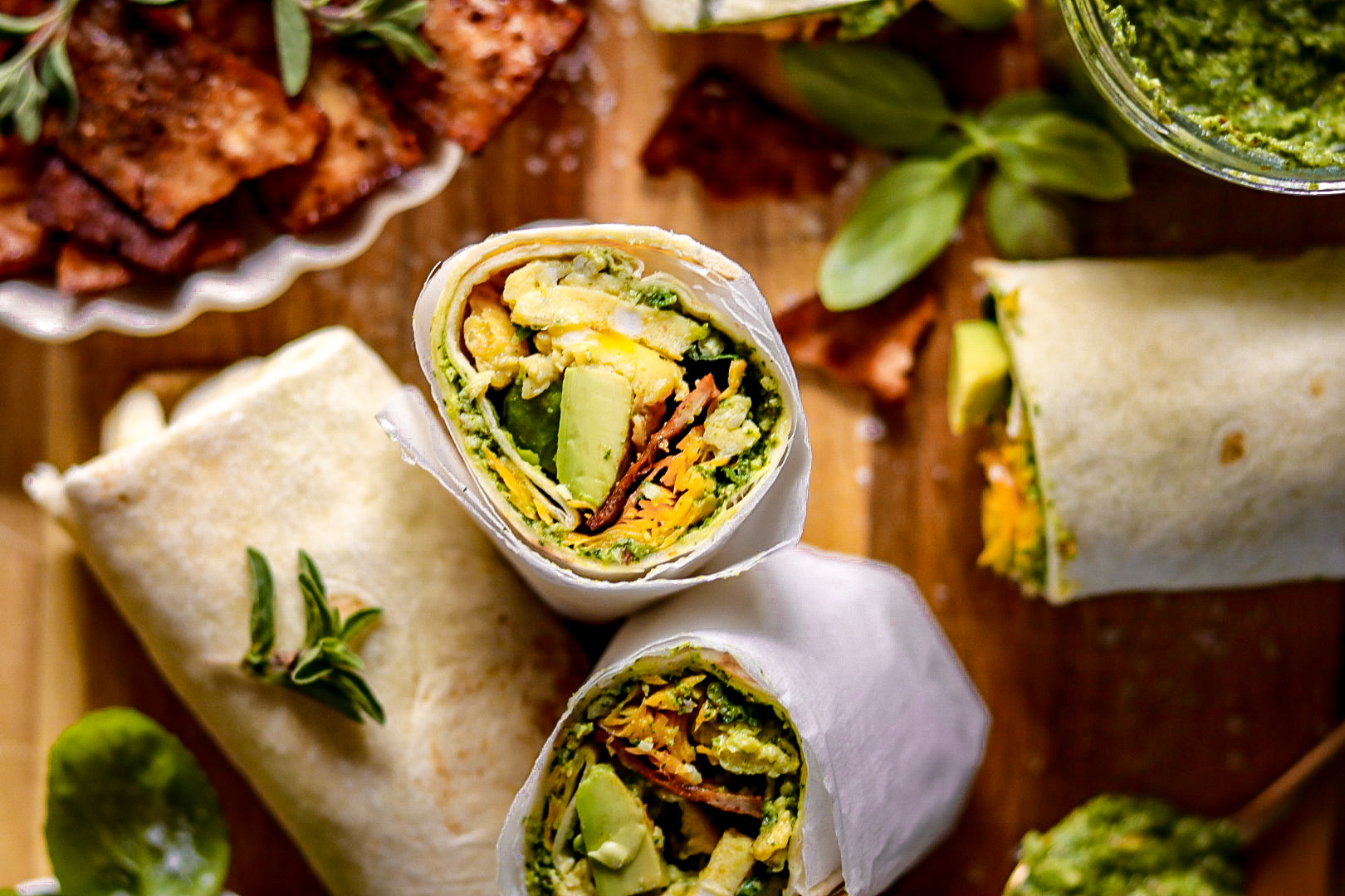 pesto egg "bacon" and avocado breakfast wraps