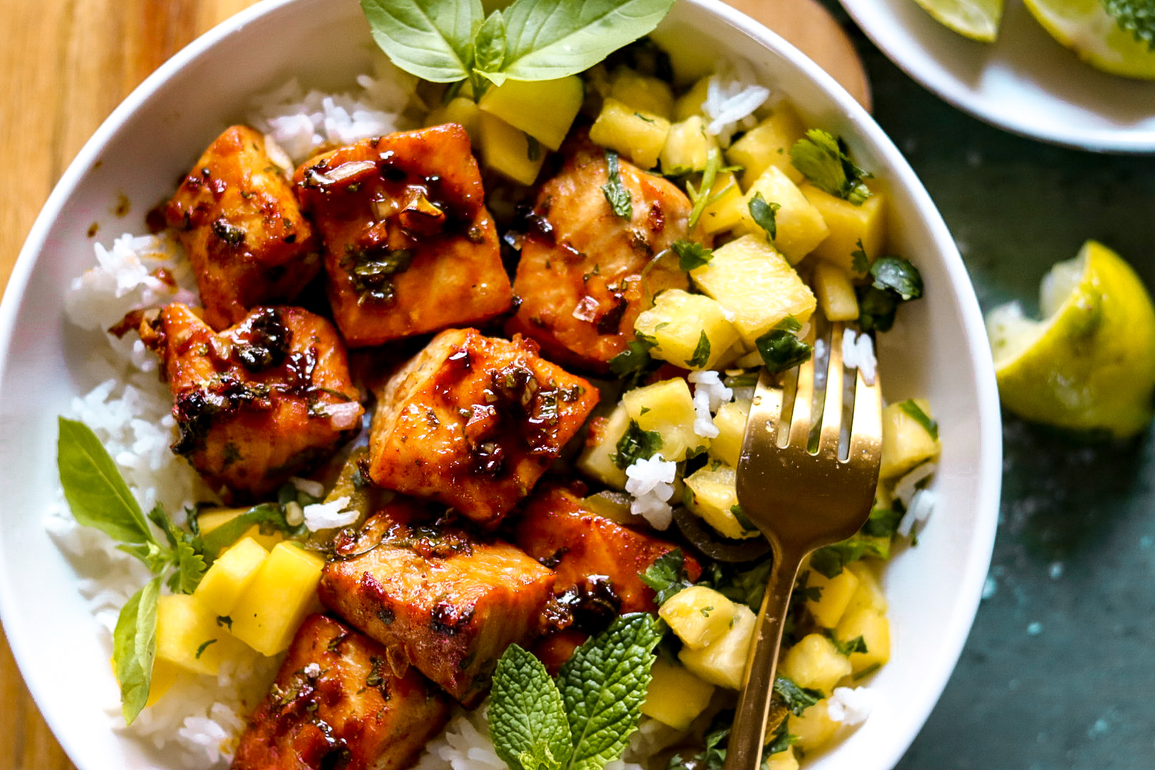 honey cilantro salmon bowls with mango pineapple salsa