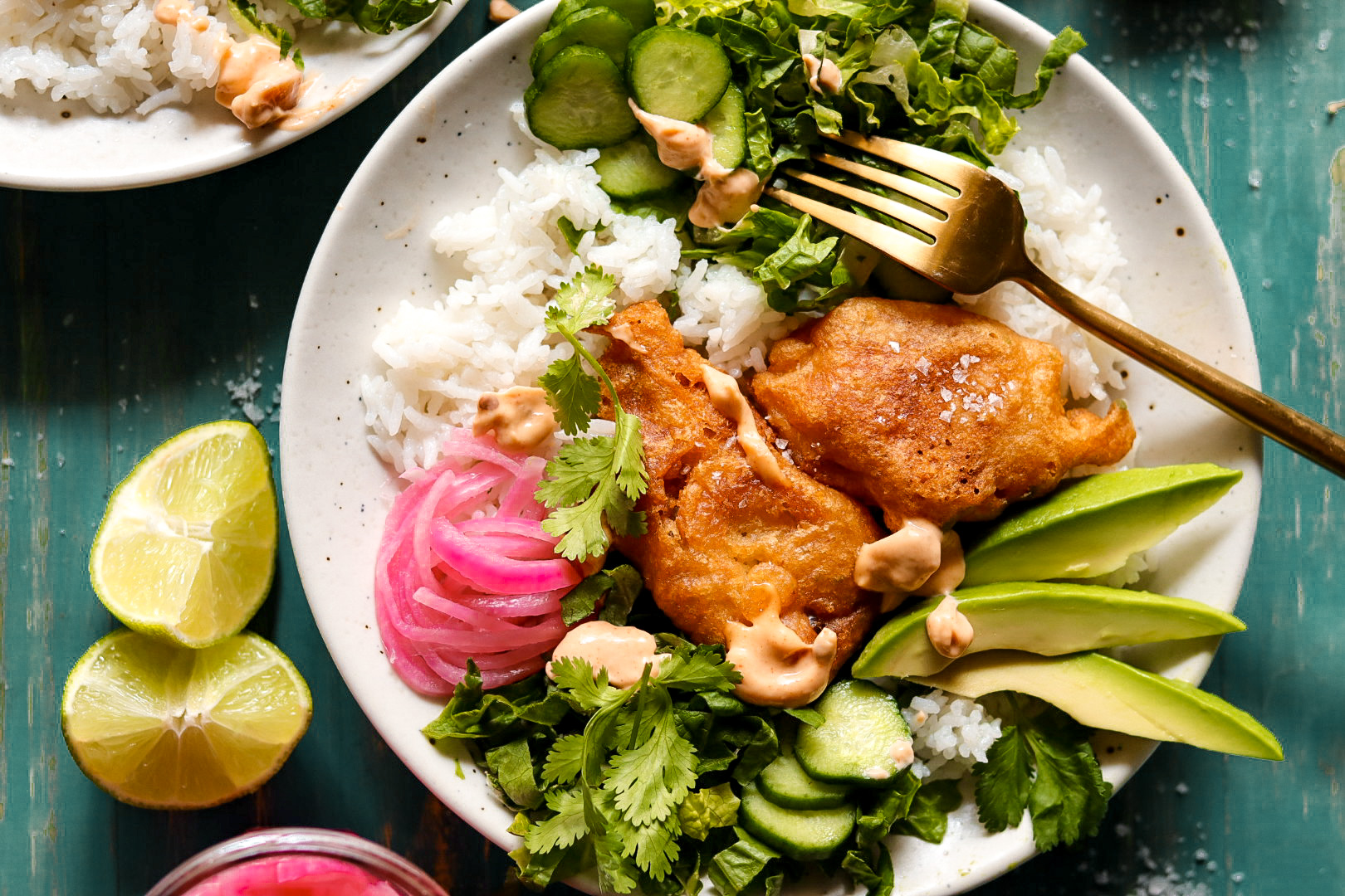 crispy baja fish taco bowls with chipotle mayo