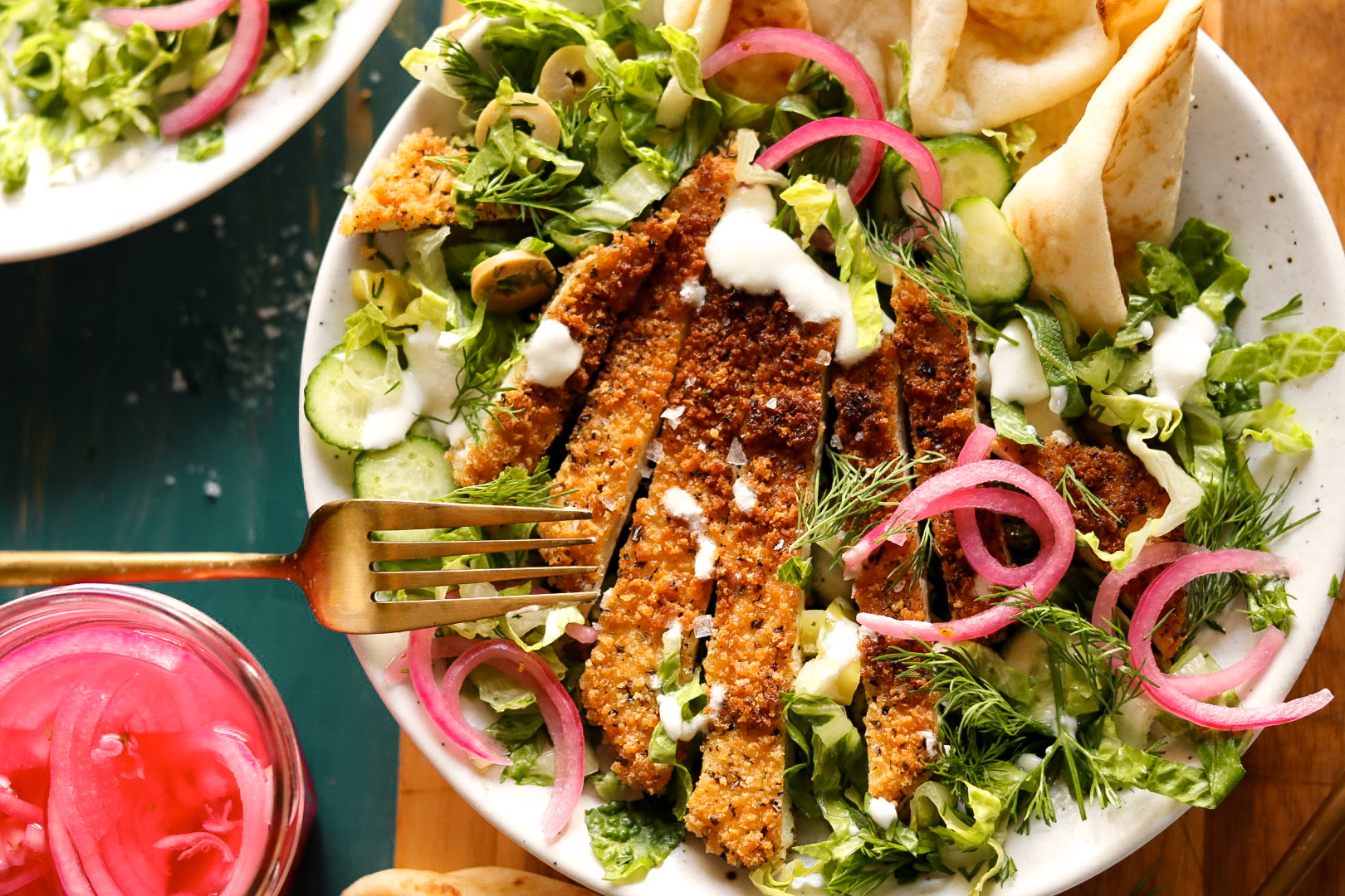 crispy greek tofu pita bowls with garlic feta sauce