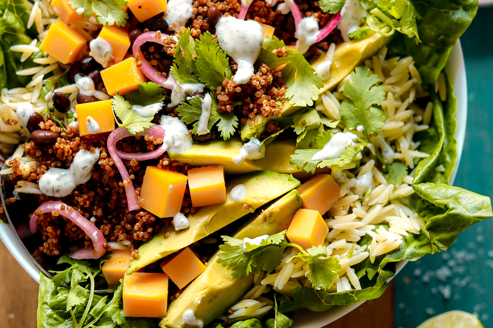 chipotle quinoa orzo taco salad with cilantro ranch