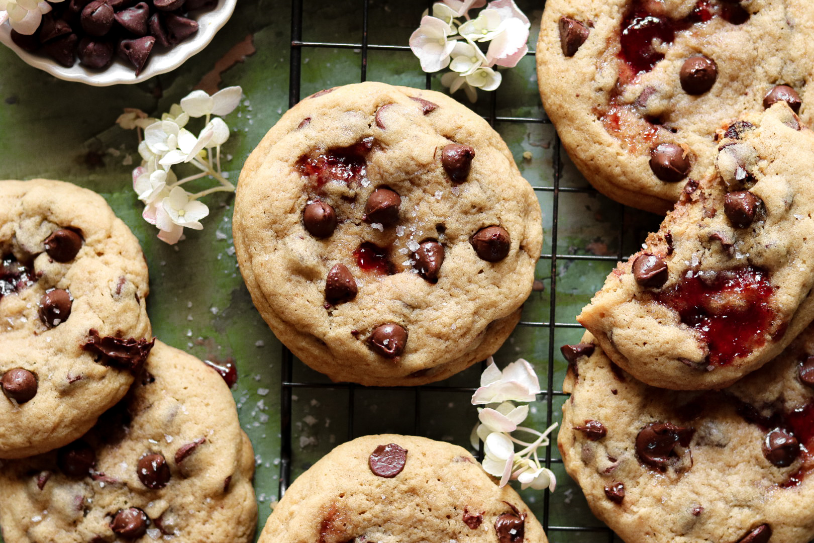 strawberry jam stuffed chocolate chip cookies