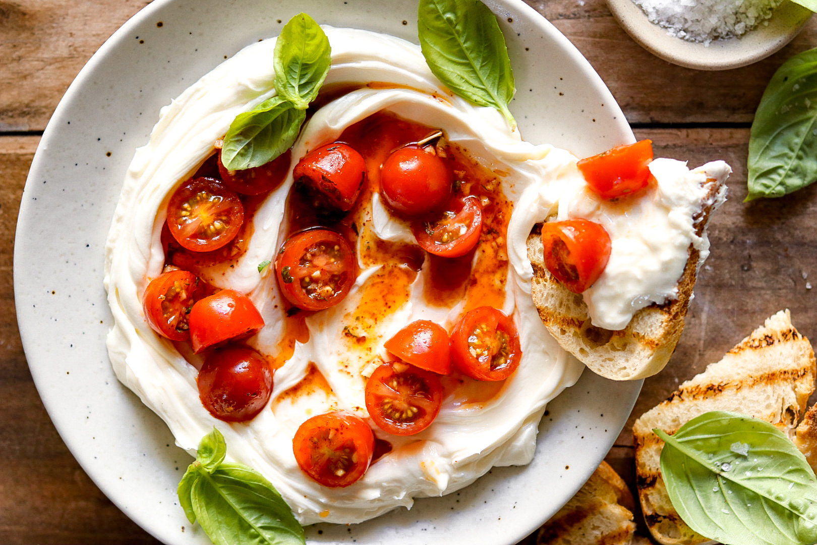 whipped goat cheese dip with chili marinated tomatoes