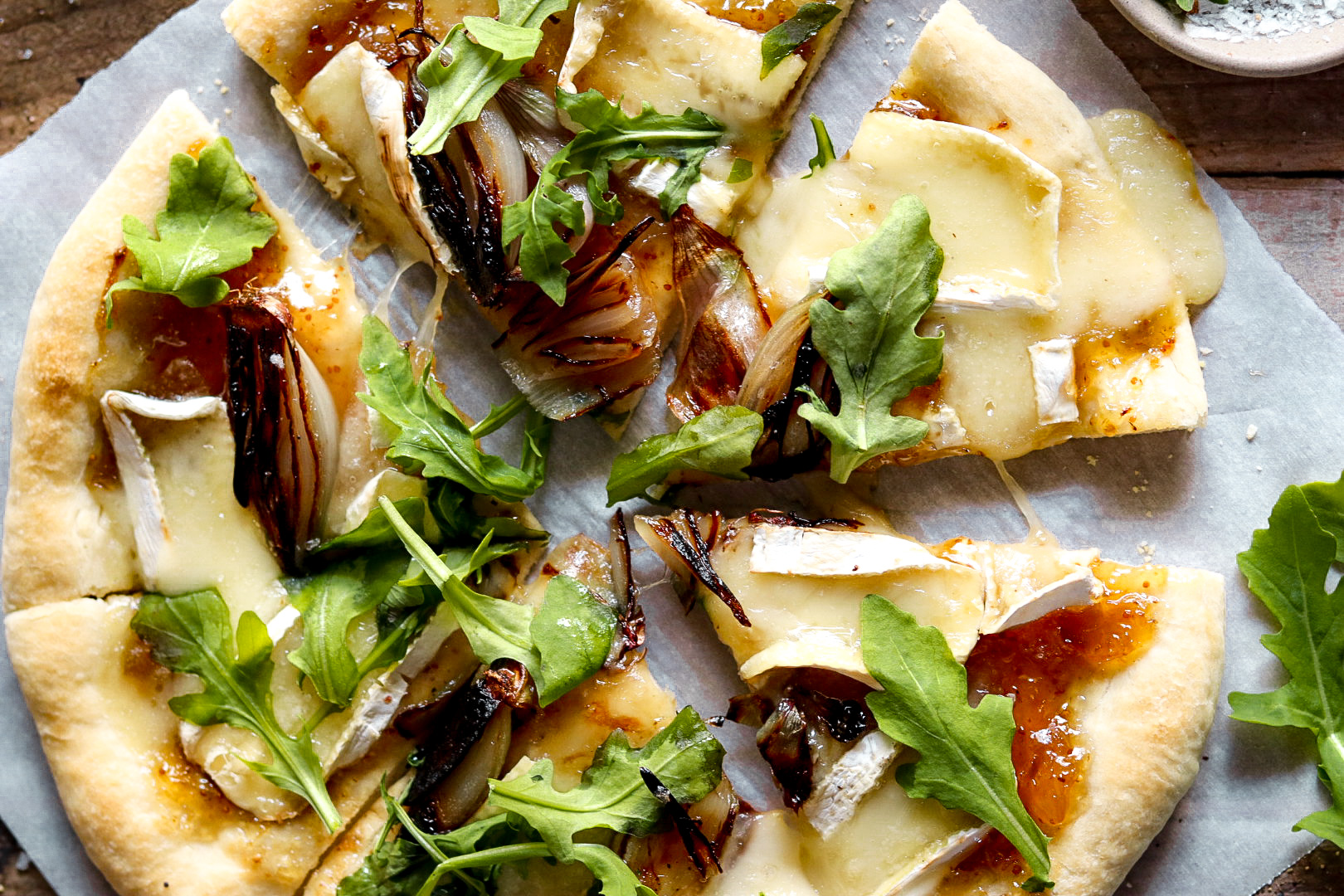 fig, brie, and caramelized shallot pizza