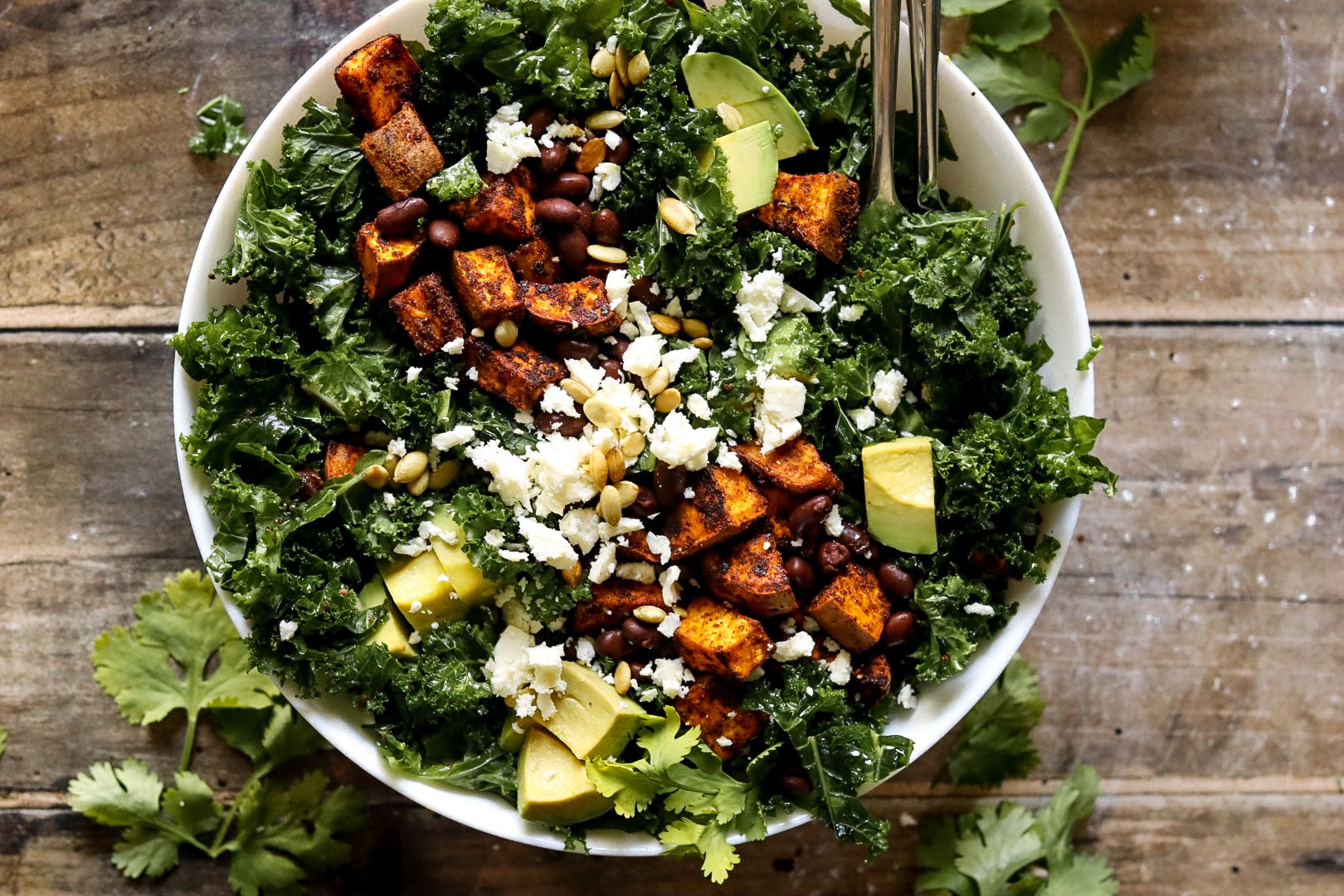 spicy roasted sweet potato feta and kale salad