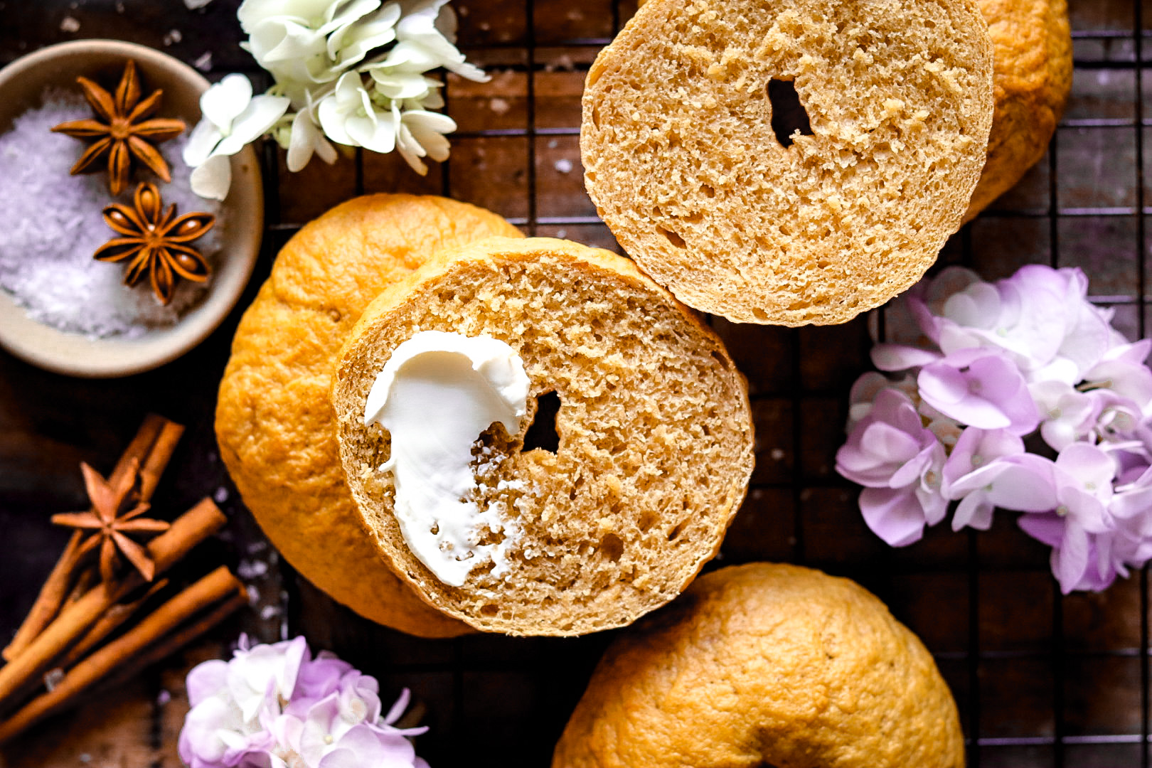 chewy spiced sweet potato bagels