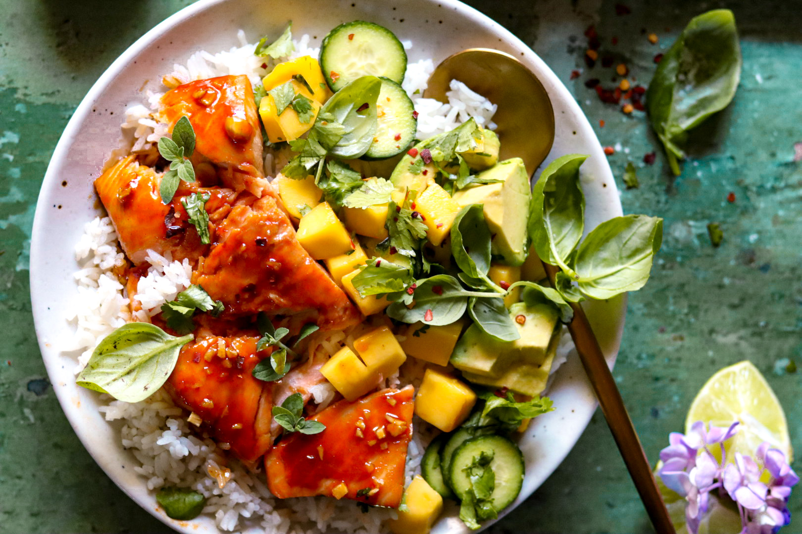 firecracker salmon bowls with mango avocado salsa