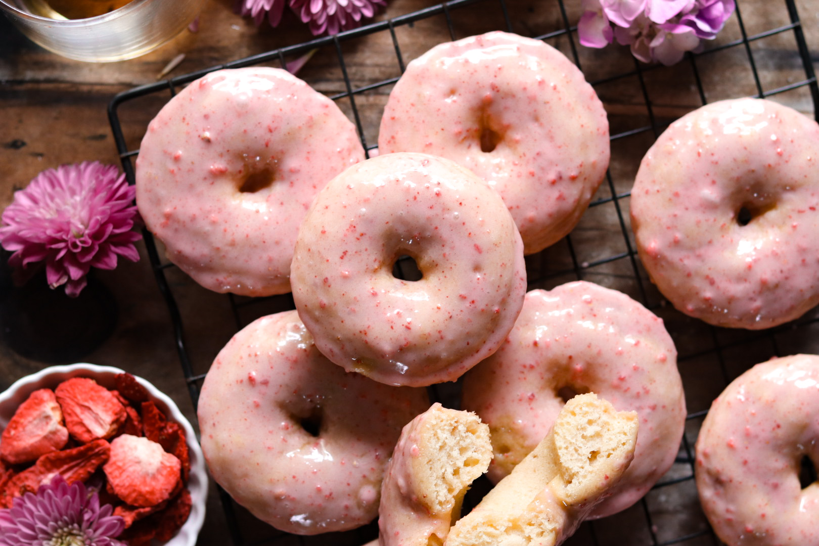 baked strawberry glazed doughnuts