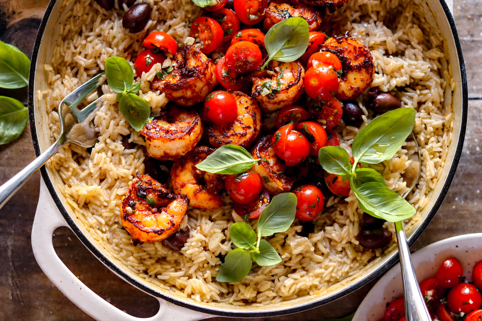 one skillet greek olive shrimp and rice with marinated tomatoes