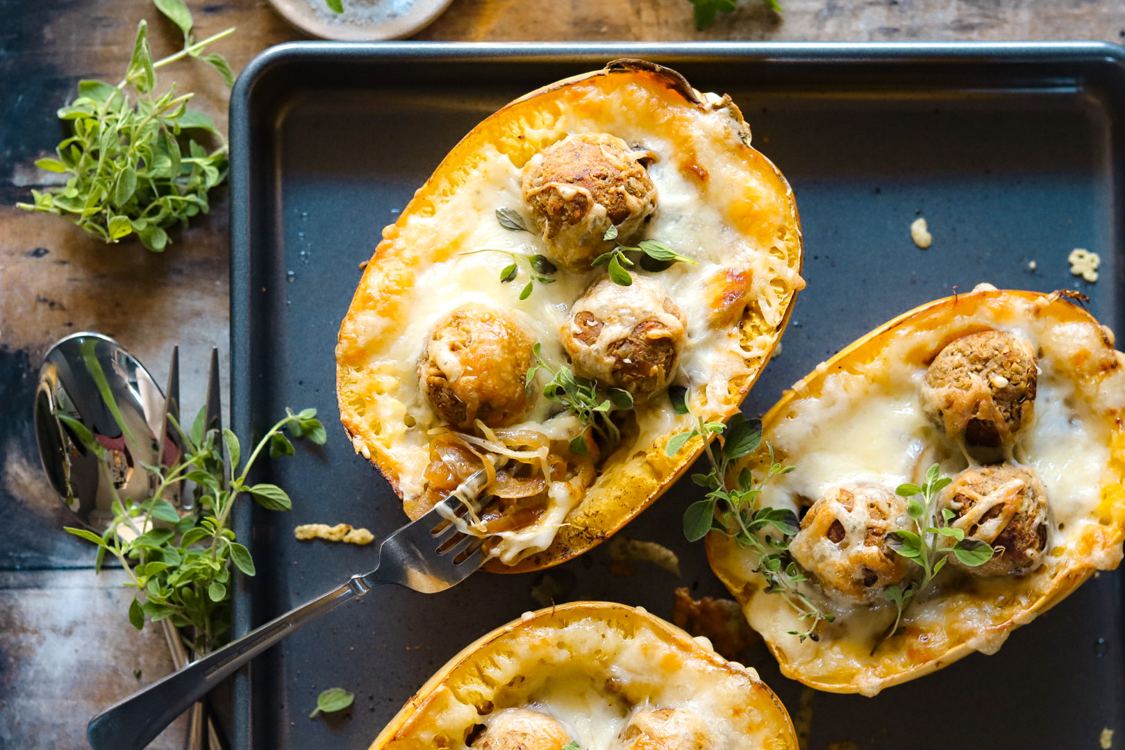 french onion "meatball" stuffed spaghetti squash
