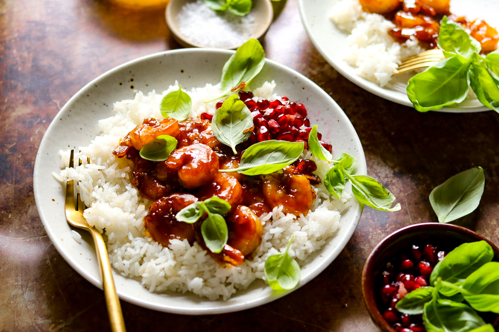sweet and sticky pomegranate shrimp