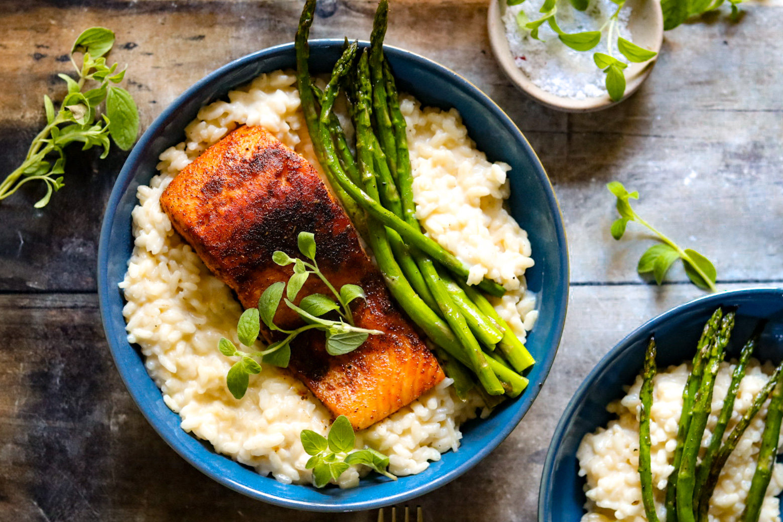 one skillet crispy salmon and asparagus with lemon risotto
