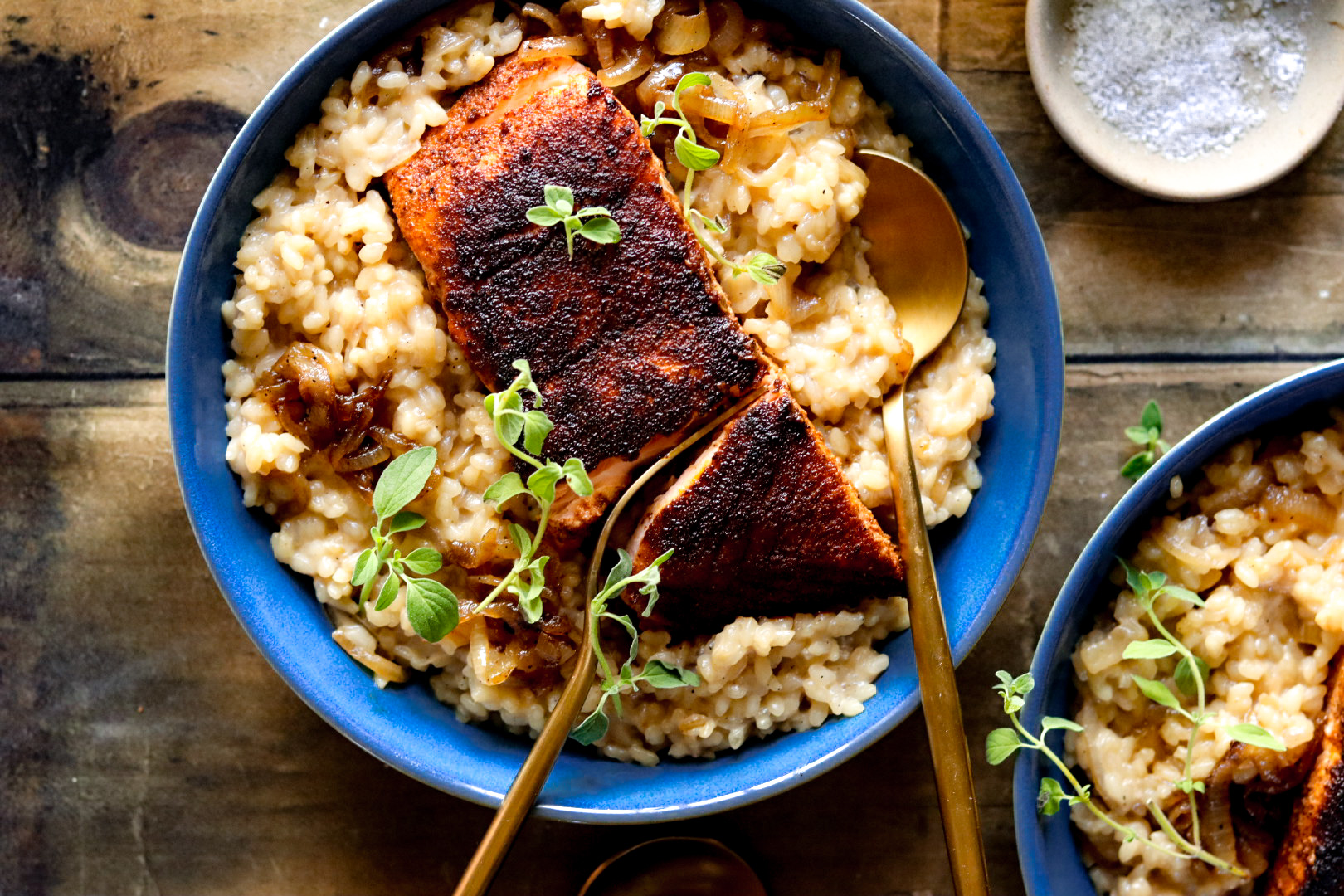 crispy spiced salmon with caramelized onion risotto