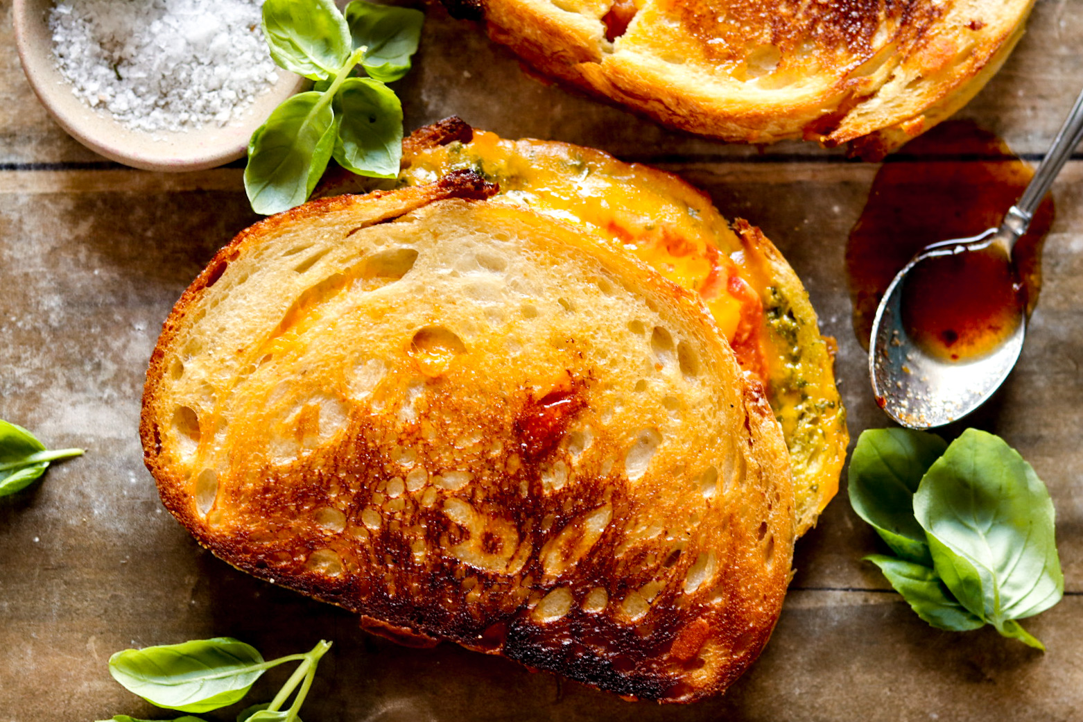 heirloom tomato, cheddar, and chimichurri grilled cheese