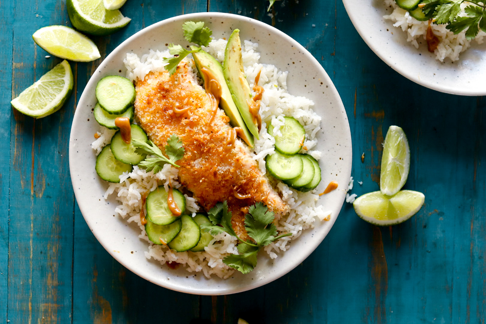 coconut lime crusted salmon bowls with peanut sauce