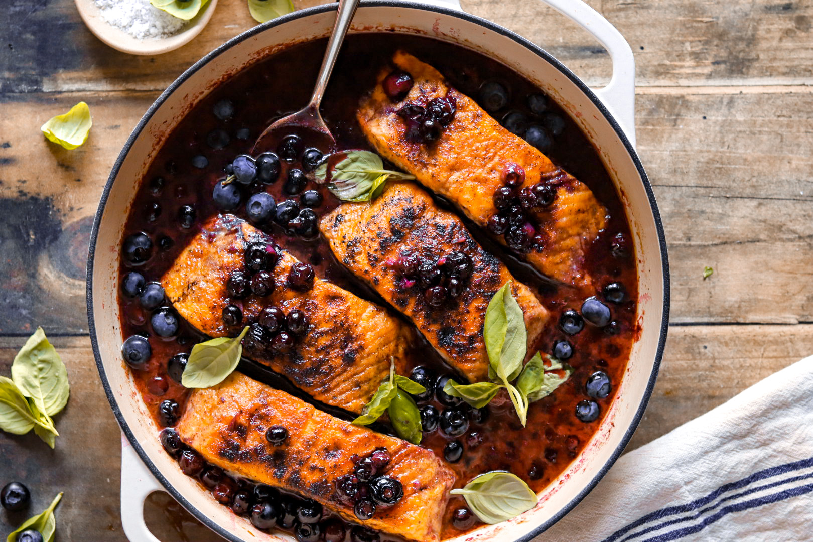 one skillet blueberry braised salmon